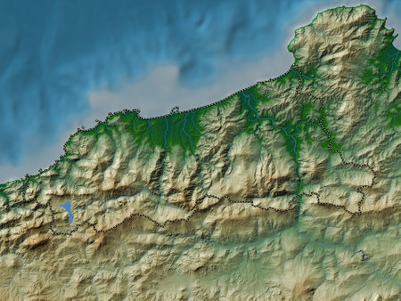 Jijel, province of Algeria. Colored elevation map with lakes and riversの写真素材