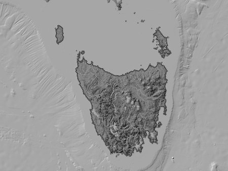 Tasmania, state of Australia. Bilevel elevation map with lakes and riversの写真素材