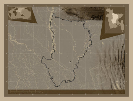 Dhaka, division of Bangladesh. Elevation map colored in sepia tones with lakes and rivers. Corner auxiliary location mapsの写真素材