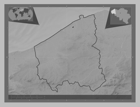 West-Vlaanderen, province of Belgium. Grayscale elevation map with lakes and rivers. Corner auxiliary location mapsの写真素材