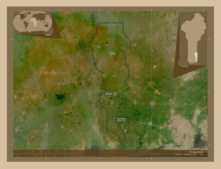 Plateau, department of Benin. Low resolution satellite map. Locations and names of major cities of the region. Corner auxiliary location mapsの写真素材
