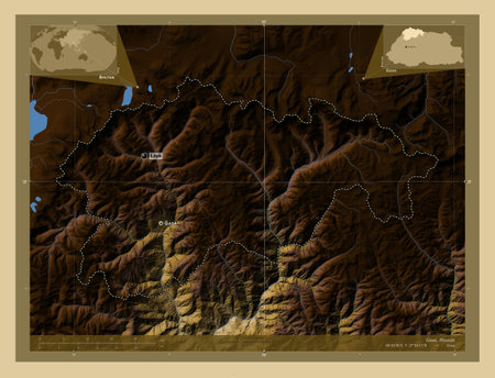 Gasa, district of Bhutan. Colored elevation map with lakes and rivers. Locations and names of major cities of the region. Corner auxiliary location mapsの写真素材