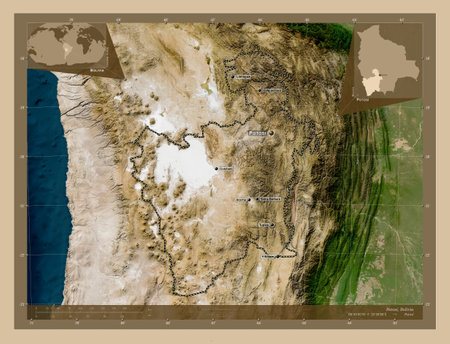 Potosi, department of Bolivia. Low resolution satellite map. Locations and names of major cities of the region. Corner auxiliary location mapsの写真素材