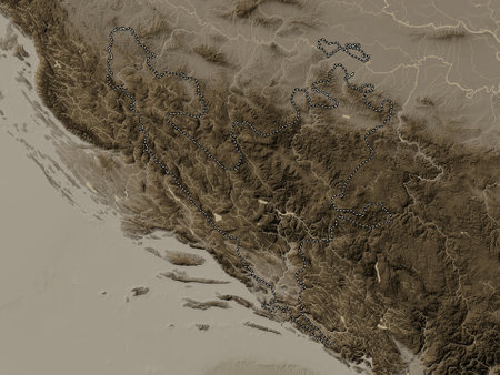 Federacija Bosna i Hercegovina, entity of Bosnia and Herzegovina. Elevation map colored in sepia tones with lakes and riversの写真素材