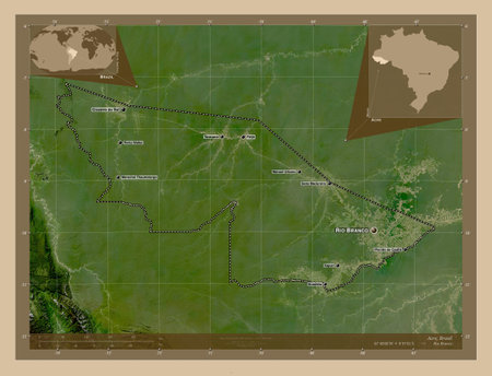 Acre, state of Brazil. Low resolution satellite map. Locations and names of major cities of the region. Corner auxiliary location mapsの写真素材