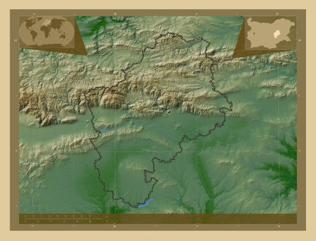 Sliven, province of Bulgaria. Colored elevation map with lakes and rivers. Corner auxiliary location mapsの写真素材