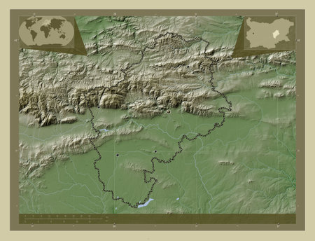 Sliven, province of Bulgaria. Elevation map colored in wiki style with lakes and rivers. Locations of major cities of the region. Corner auxiliary location mapsの写真素材