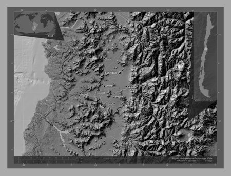 Region Metropolitana de Santiago, region of Chile. Bilevel elevation map with lakes and rivers. Locations and names of major cities of the region. Corner auxiliary location mapsの写真素材