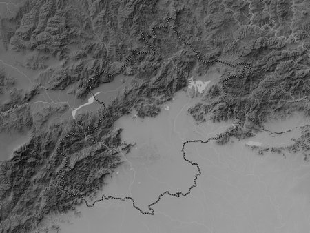 Beijing, municipality of China. Grayscale elevation map with lakes and riversの写真素材