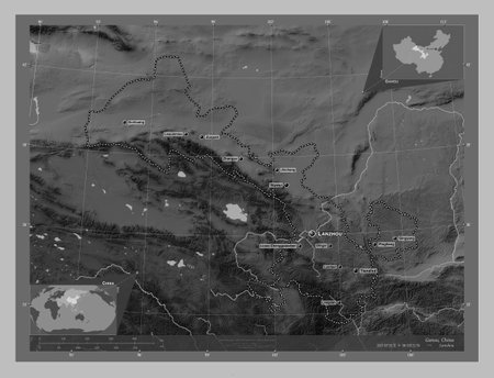 Gansu, province of China. Grayscale elevation map with lakes and rivers. Locations and names of major cities of the region. Corner auxiliary location mapsの写真素材