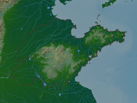 Shandong, province of China. Colored elevation map with lakes and riversの写真素材
