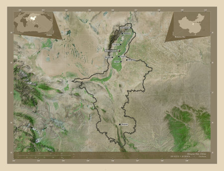 Ningxia Hui, autonomous region of China. High resolution satellite map. Locations and names of major...