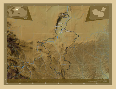 Ningxia Hui, autonomous region of China. Colored elevation map with lakes and rivers. Locations and names of major cities of the region. Corner auxiliary location mapsの写真素材