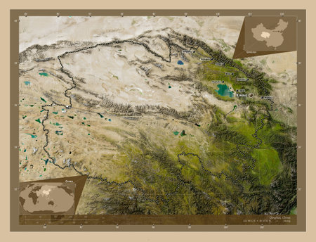 Qinghai, province of China. Low resolution satellite map. Locations and names of major cities of the region. Corner auxiliary location mapsの写真素材