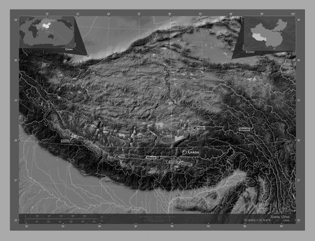 Xizang, autonomous region of China. Bilevel elevation map with lakes and rivers. Locations and names of major cities of the region. Corner auxiliary location mapsの写真素材