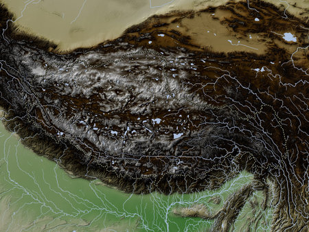Xizang, autonomous region of China. Elevation map colored in wiki style with lakes and rivers