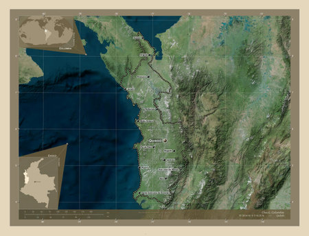 Choco, department of Colombia. High resolution satellite map. Locations and names of major cities of...