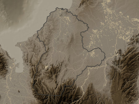 Cordoba, department of Colombia. Elevation map colored in sepia tones with lakes and riversの写真素材