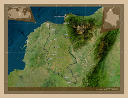 Magdalena, department of Colombia. Low resolution satellite map. Locations and names of major cities of the region. Corner auxiliary location mapsの写真素材