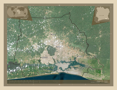 Abidjan, autonomous district of Cote d'Ivoire. High resolution satellite map. Locations and names of...