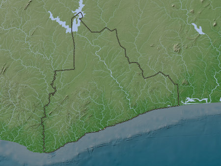 Bas-Sassandra, district of Cote d'Ivoire. Elevation map colored in wiki style with lakes and riversの写真素材