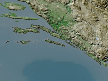 Dubrovacko-Neretvanska, county of Croatia. Elevation map colored in wiki style with lakes and rivers