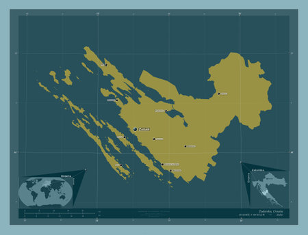 Zadarska, county of Croatia. Solid color shape. Locations and names of major cities of the region. Corner auxiliary location mapsの写真素材
