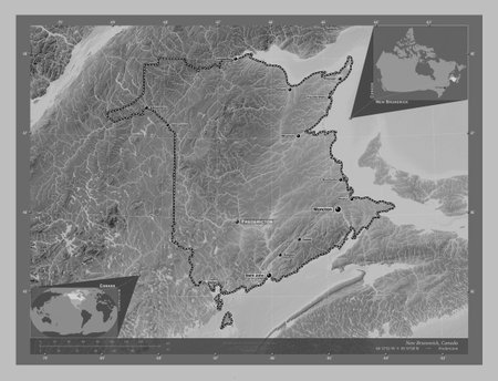 New Brunswick, province of Canada. Grayscale elevation map with lakes and rivers. Locations and...