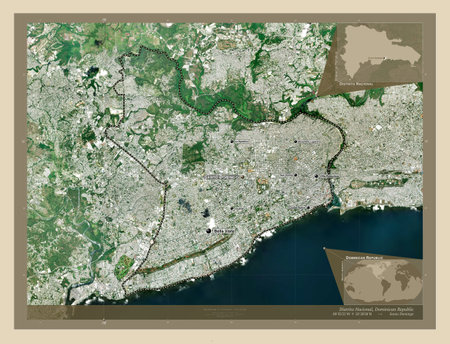 Distrito Nacional, national district of Dominican Republic. High resolution satellite map. Locations and names of major cities of the region. Corner auxiliary location mapsの写真素材