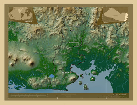 La Union, department of El Salvador. Colored elevation map with lakes and rivers. Locations and...