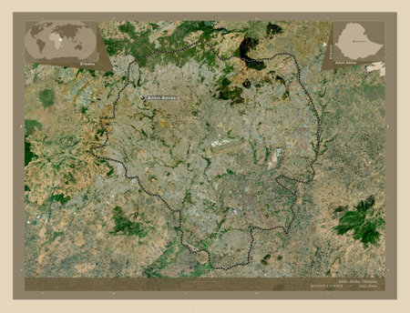 Addis Abeba, city of Ethiopia. High resolution satellite map. Locations and names of major cities of the region. Corner auxiliary location mapsの写真素材