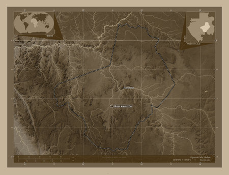 Ogooue-Lolo, province of Gabon. Elevation map colored in sepia tones with lakes and rivers. Locations and names of major cities of the region. Corner auxiliary location mapsの写真素材