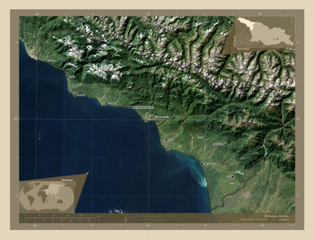 Abkhazia, autonomous republic of Georgia. High resolution satellite map. Locations and names of major cities of the region. Corner auxiliary location mapsの写真素材