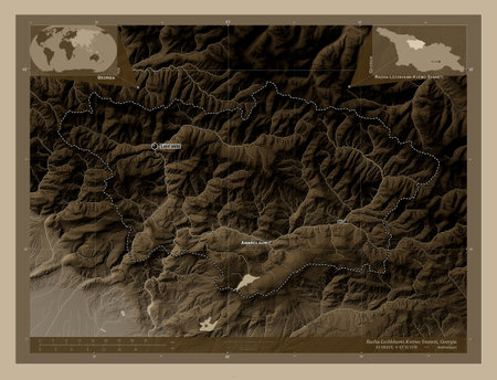 Racha-Lechkhumi-Kvemo Svaneti, region of Georgia. Elevation map colored in sepia tones with lakes and rivers. Locations and names of major cities of the region. Corner auxiliary location mapsの写真素材