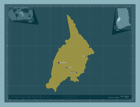 Bono, region of Ghana. Solid color shape. Locations and names of major cities of the region. Corner auxiliary location mapsの写真素材