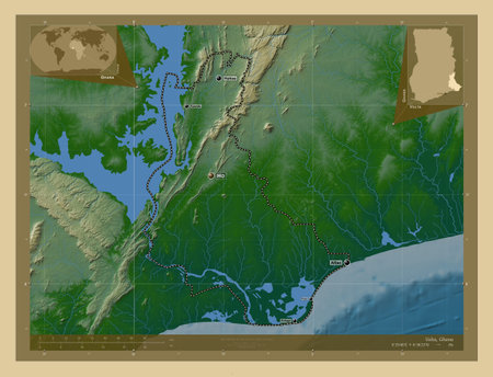 Volta, region of Ghana. Colored elevation map with lakes and rivers. Locations and names of major...