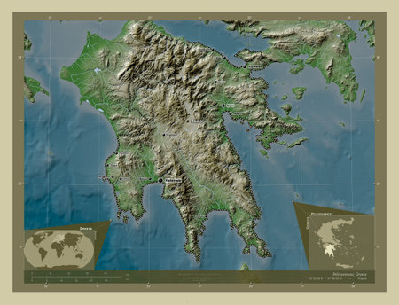 Peloponnese, decentralized administration of Greece. Elevation map colored in wiki style with lakes and rivers. Locations and names of major cities of the region. Corner auxiliary location mapsの写真素材
