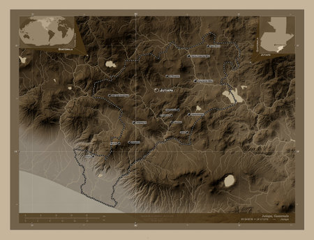 Jutiapa, department of Guatemala. Elevation map colored in sepia tones with lakes and rivers....