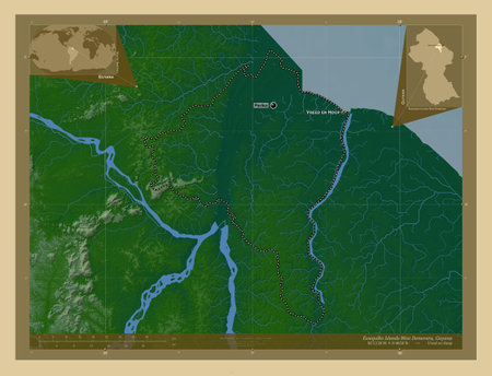 Essequibo Islands-West Demerara, region of Guyana. Colored elevation map with lakes and rivers. Locations and names of major cities of the region. Corner auxiliary location mapsの写真素材