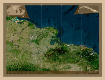 Holguin, province of Cuba. Low resolution satellite map. Locations and names of major cities of the region. Corner auxiliary location mapsの写真素材