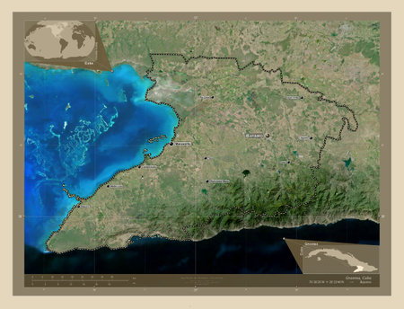 Granma, province of Cuba. High resolution satellite map. Locations and names of major cities of the region. Corner auxiliary location mapsの写真素材