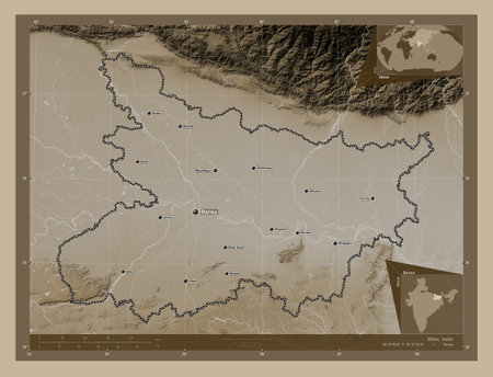 Bihar, state of India. Elevation map colored in sepia tones with lakes and rivers. Locations and names of major cities of the region. Corner auxiliary location mapsの写真素材
