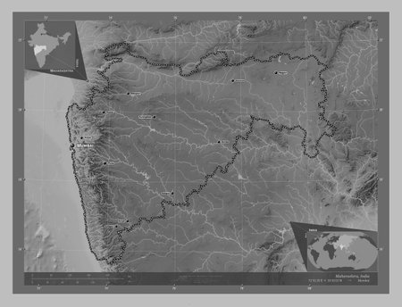 Maharashtra, state of India. Grayscale elevation map with lakes and rivers. Locations and names of major cities of the region. Corner auxiliary location mapsの写真素材