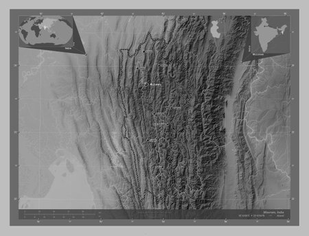 Mizoram, state of India. Grayscale elevation map with lakes and rivers. Locations and names of major cities of the region. Corner auxiliary location mapsの写真素材