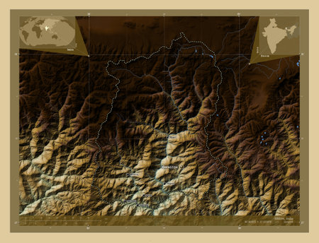 Sikkim, state of India. Colored elevation map with lakes and rivers. Locations and names of major cities of the region. Corner auxiliary location mapsの写真素材