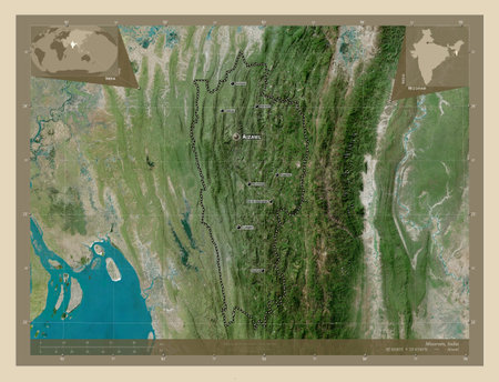 Mizoram, state of India. High resolution satellite map. Locations and names of major cities of the region. Corner auxiliary location mapsの写真素材