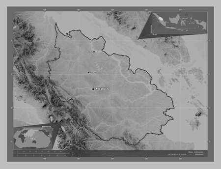 Riau, province of Indonesia. Grayscale elevation map with lakes and rivers. Locations and names of major cities of the region. Corner auxiliary location mapsの写真素材