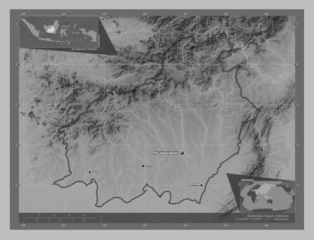 Kalimantan Tengah, province of Indonesia. Grayscale elevation map with lakes and rivers. Locations and names of major cities of the region. Corner auxiliary location mapsの写真素材