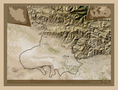 Alborz, province of Iran. Low resolution satellite map. Locations and names of major cities of the region. Corner auxiliary location mapsの写真素材
