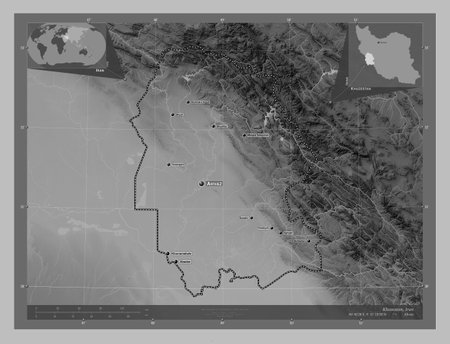 Khuzestan, province of Iran. Grayscale elevation map with lakes and rivers. Locations and names of major cities of the region. Corner auxiliary location mapsの写真素材